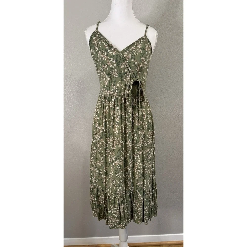 Cottagecore‎ Boho Ditsy Floral Smocked Midi Dress Sage Green Ruffle Sundres S